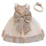 Baby Girls Sequins Dresses Toddler Lace Ruffles New Year Tutu Dress with Headwear (Star+Champagne,80