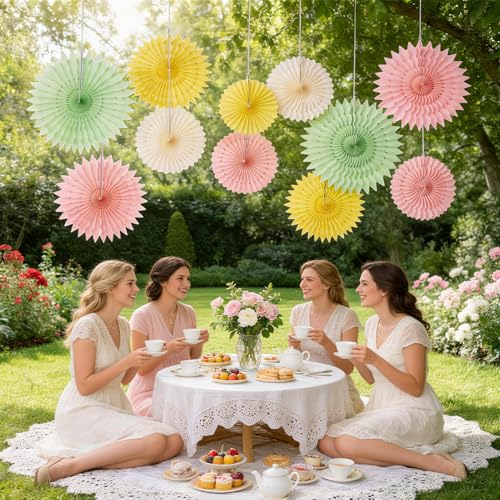 Image of Paper Jazz 11pcs Pastel Paper Fans, Soft Colorful Party Decorations for Spring, Fairy, Tea Party, Birthday Hanging Paper Flowers for Wedding, Baby Shower, Garden Decor