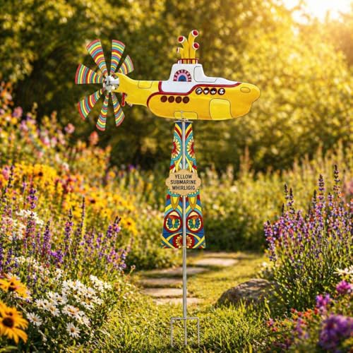 Yellow Submarine Wind Spinner Metal Outdoor Garden Whirligig Stake with Rotating Propeller Colorful Yard Windmill Decor for Lawn Patio Backyard 1 Pack