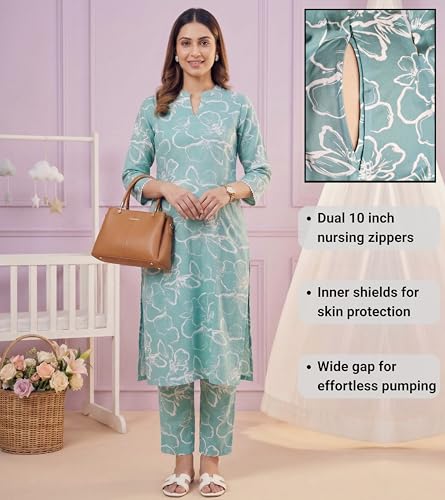 Image of DUMMY SHAPE Feeding Kurtis for Women Cotton Blend | Floral Kurta Pant Dupatta Set with Nursing Zippers to Pre & Post Partum | Maternity Dresses | Mom to Be Gifts for Pregnant Woman