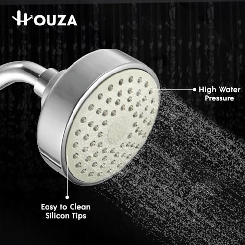 Image of HOUZA Square Shower Head for Bathroom | 4 Inch Single Flow Overhead Shower with Arm | Adjustable Bathroom Shower with Even Water Flow & Rust Resistant | Anti-Clog Silicone Nozzles for Wall Mounting