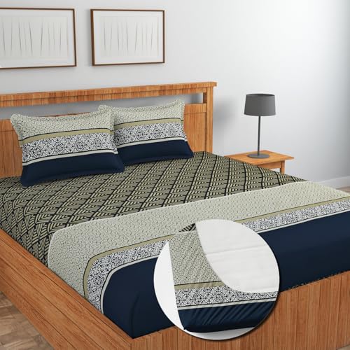 Image of NHD HOME Pure Cotton All Round Elastic Fitted Bedsheets for Double Bed with 2 King Size Pillow Covers 220 TC Supersoft |Wrinkel Free Bed Cover Size - 72x78+10 inches, Green & Beige