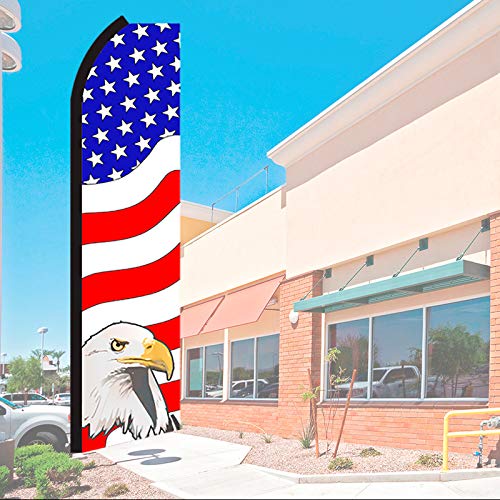 USA AMERICAN PATRIOTIC (Eagle) Flutter Feather Flag Bundle (11.5' Tall Flag, 15' Tall Flagpole, Ground Mount Stake)