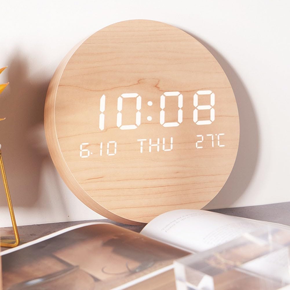 Horloge murale numérique à LED douce, finition bois haut de gamme