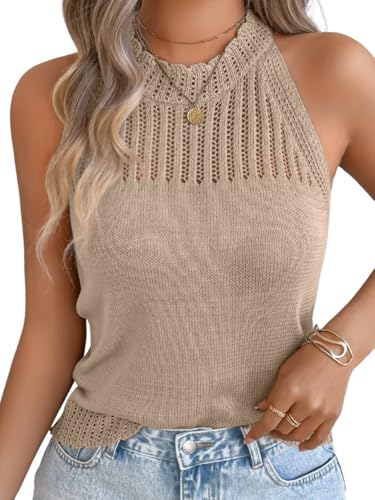 ChiaoLezhee Women's Summer Knit Tank Tops, Racerback High Neck Lightweight Sweater Vest, Dressy Casual Outfits, Ladies Halter Sleeveless Beach Crochet Eyelet Blouse Trendy Cute,Khaki Tan,Large