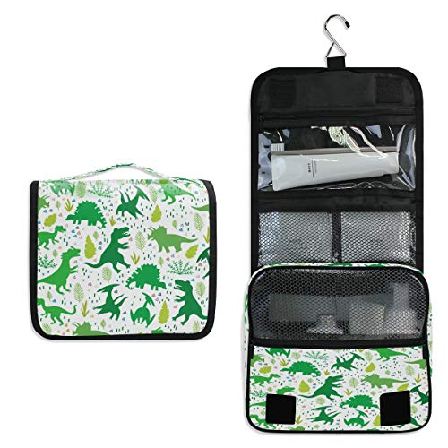 Preisvergleich Produktbild Funnyy Dinosaurier Tropische Blätter hängende Kulturtasche Reise Kulturbeutel Kosmetik Make-up Zubehör Organizer Beauty-Tasche für Frauen Mädchen Kinder wasserdichte Duschtasche Geschenk