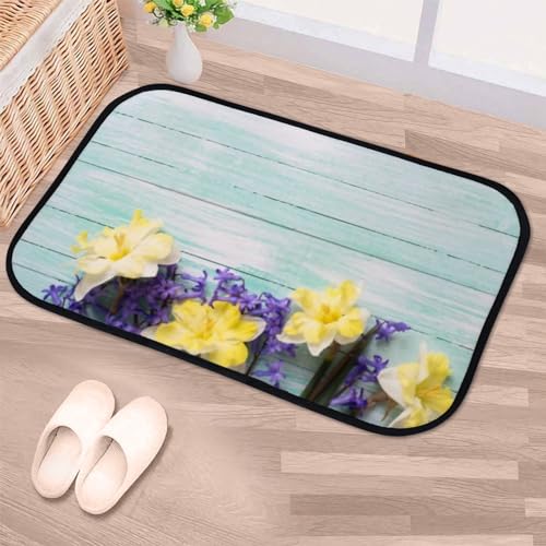 QAZPL Nuansexi Bathroom Rugs Bright Yellow Blue Spring Flowers Wooden Floor Mats Non Slip Bathmat Doormat Tub Mat Coral Velvet Absorbent Entrance Carpet Mats Machine Washable Bedroom Decor