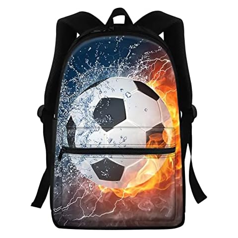 KUIFORTI Kids School Backpack with Blue Fire Football Pattern Bookbags,Elementary Primary Casual Sport Camping Rucksack Daily Daypack with Shoulder Strap Adjustable Cover