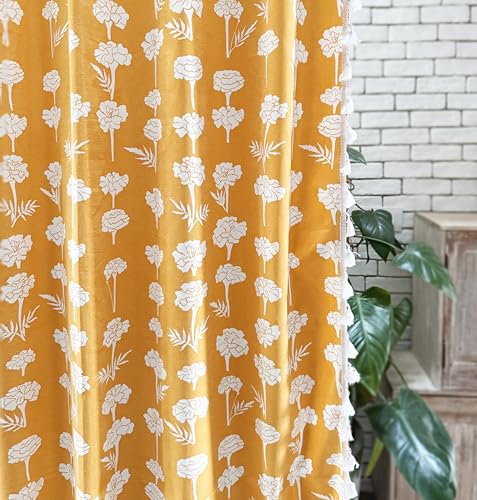 Image of Tranquebar Curtain Co. Window Curtains 5 Feet, Cotton Curtains, 60-65% Room Darkening, Yellow Marigold Floral Print, Yellow Curtains, BackTabs, UTSA (152 cm) - 1 Piece