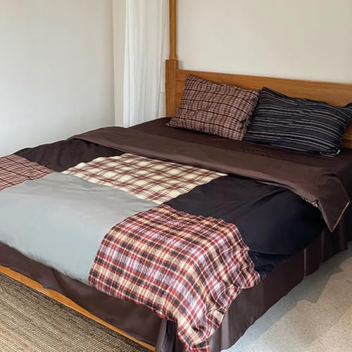 Image of Nayoroom Plaid Duvet Cover Queen Size Vintage Brown Patchwork Checkered Duvet Cover Dorm Bedding Set 3 Pieces Soft Lightweight Washed Microfiber Farmhouse Bedding Set Gifts for Women Men