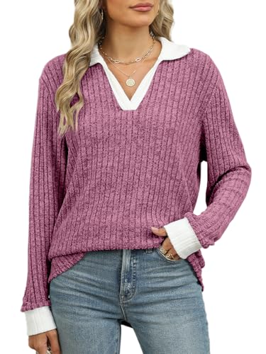 Women's V Neck Sweaters Pullover Color Block Collar Long Sleeves Loose Fit Casaul Lightweight Polo Tunic Tops Shirts