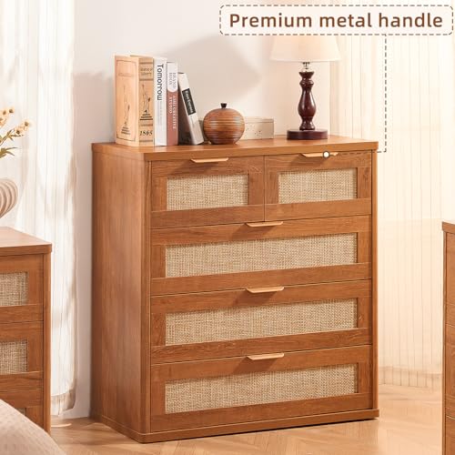 Image of LEYAOYAO Rattan Dresser for Bedroom, 33.5 inch Tall Chest of Drawers, Modern 5 Drawers Boho Dressers with Storage, Vintage Brown Dresser Wooden Closet Organizer for Living Room, Hallway