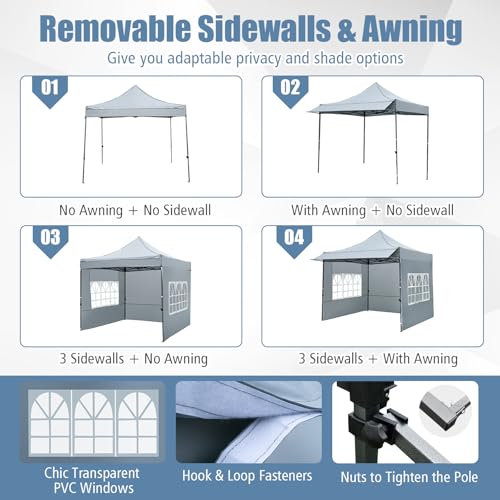 Image of Tangkula 10x10 FT Pop Up Canopy, Outdoor Tent with 3 Sidewalls & Awning, Wheeled Bag, 4 Sandbags, 8 Stake, 4 Ropes, Portable Canopy Tent for Party Picnic Event Beach Camping (Gray)