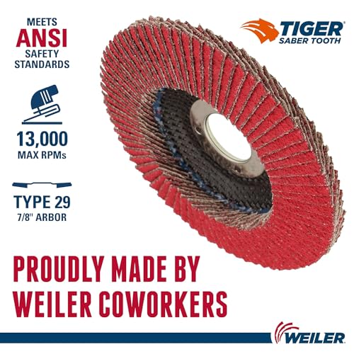 Image of Weiler 50102 Saber Tooth 7 /8 inch Arbor, 4-1 /2 inch Diameter, 60 Grit, Ceramic, Phenolic Backing, Angled Abrasive Flap Disc (Pack of 10)