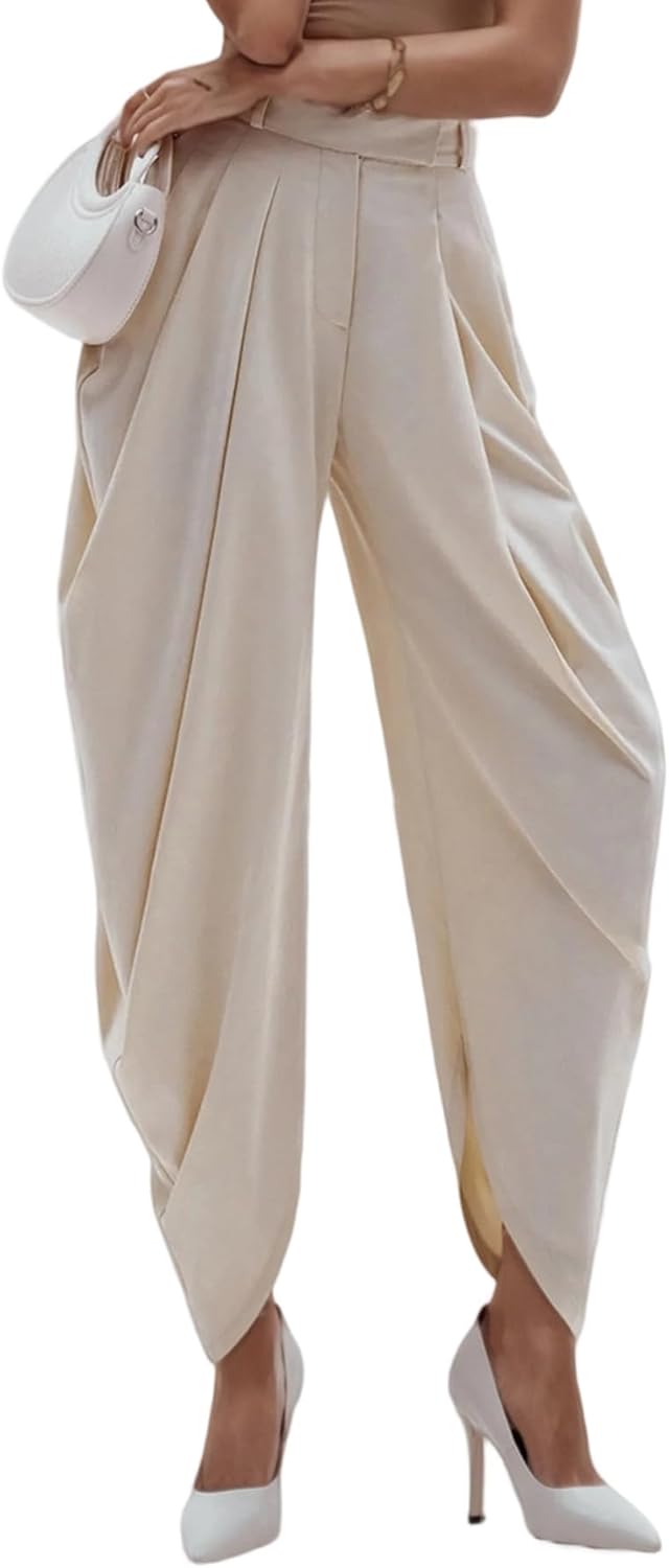 Vakkest Women's Pleated Dress Pants Baggy Barrel Harem Slacks High Waisted Wide Leg Business Work Casual Trousers