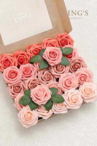 Ling's Moment Artificial Roses Flowers 25Pcs Coral Ombre Colors Fake Roses With Stem For Diy Wedding Bouquets Centerpieces Arrangments Decorations #TOP2