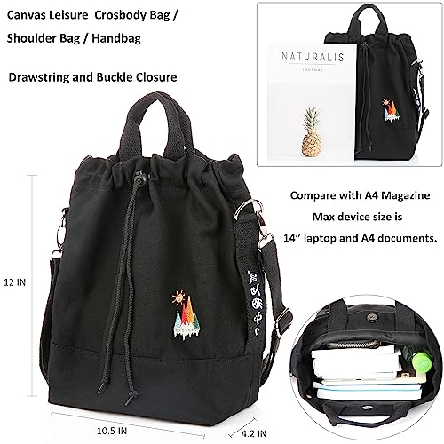 Women Canvas Tote Handbags Casual Shoulder Work Bag Crossbody Bag With Sunshine Embroidery (Black) Medium #TOP5