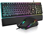 RedThunder K10 Wired Gaming Keyboard and Mouse and Wrist Rest Combo, RGB Backlit, Anti-ghosting Keyboard + 7D 7200 DPI Mice+Soft Leather Wrist Rest 3 in 1 PC Gamer Accessories(Black)