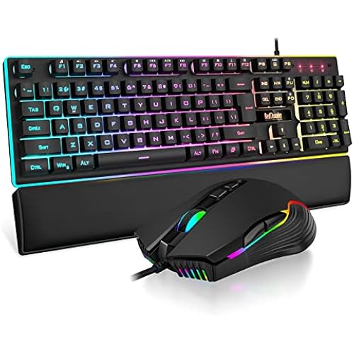 RedThunder K10 Wired Gaming Keyboard and Mouse and Wrist Rest Combo, RGB Backlit, Mechanical Feel Anti-ghosting Keyboard + 7D 7200 DPI Mice+Soft Leather Wrist Rest 3 in 1 PC Gamer Accessories(Black)