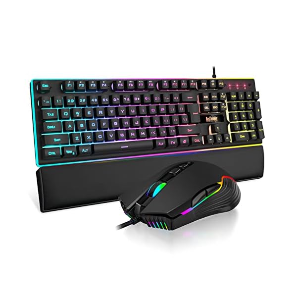 RedThunder K10 Wired Gaming Keyboard and Mouse and Wrist Rest Combo, RGB Backlit, Mechanical Feel Anti-ghosting Keyboard + 7D 7200 DPI Mice+Soft Leather Wrist Rest 3 in 1 PC Gamer Accessories(Black)