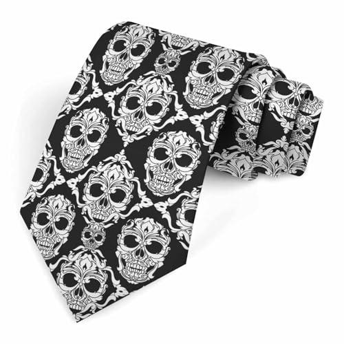 AnBuPan Halloween Skulls Grey Mens Tie Vintage Black White Skull Death Novelty Neckties Classic for Husband Father Wedding Party Holiday Valentines Day Gift