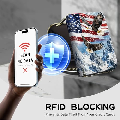 Image of Cute Credit Card Holder with Zipper, Eagle Iceberg American Flag RFID-Blocking Card Case Small Wallet for Women Men, Multi-slot Card Organizer Case Travel Accordion Wallet