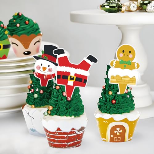 72Pcs Christmas Cupcake Toppers and Wrappers Double-sided Christmas Cupcake Decoration Gingerbread Santa Claus Snowman Reindeer Elf Cupcake Decorations for Winter Birthday Party Favors by MOAXMOA - Used condition - Image 6
