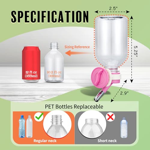Image of Choco Nose Patented Mini No-Drip Water Bottle /Feeder for Hamsters /Hedgehogs /Gliders /Rats /Mice /Other Small Pets and Animals - for Cages, Crates or Wall Mount. 10.2oz. Nozzle 10mm, Pink (C125)