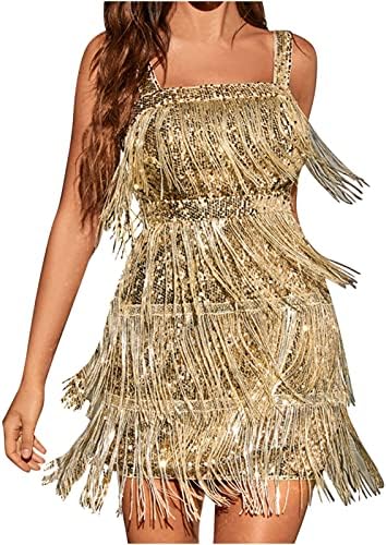 jsaierl Tassel Party Dresses for Women 2023-Sparkly Sleeveless Mini Sequin Dress Sexy Glitter Wedding Club Party Dress Gold