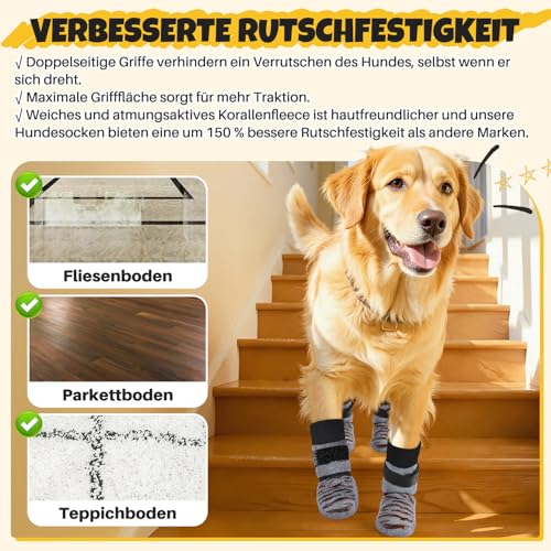 Eyein Hundesocken, 2 Paar Doppelseitige Anti-Rutsch Socken mit verstellbarem Klettverschluss für Hunde - Pfotenschutz auf Hartholzböden in Innenräumen Winter (Grau, XL)