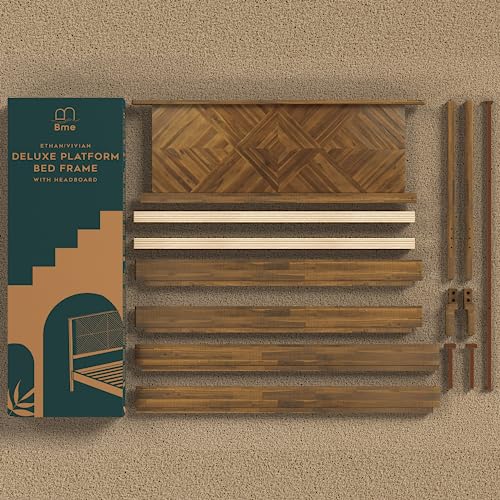 Bme Ethan 14 Inch Deluxe Bed Frame With Headboard - Rustic & Scandinavian Style With Solid Acacia Wood - No Box Spring Needed - 12 Strong Wood Slat Support - Easy Assembly - King, Rustic Dark Brown #TOP5