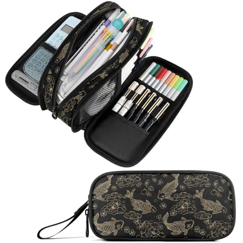 Image of Fustylead Koi Fish Pencil Pen Case Stationery Bag, 3 Compartments School College Office Desk Organizer Storage Pouch Makeup Bag for Teen Boys Girls Students