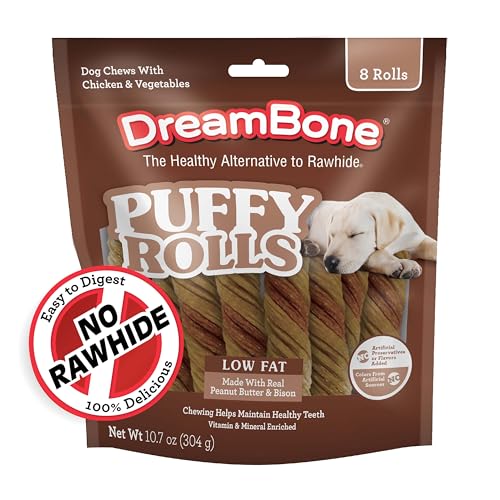 DreamBone Puffy Rolls Chews for Dogs 8 Count Treat Your Dog to Easy-to-Digest Rawhide-Free Chews Made with Real Peanut Butter and Bison