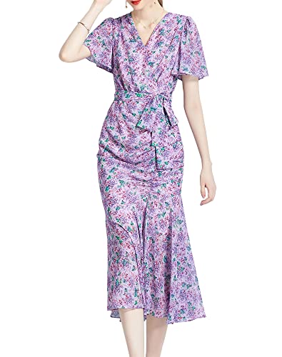 Image of Shineflow Women's V-Neck Short Sleeve Floral Fitted Ruched Midi Dress with Mermaid Hem Cocktail Pencil Dresses