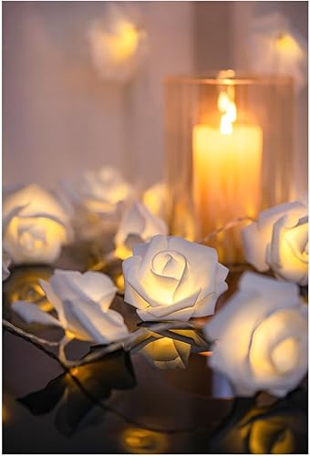 Tira de luces de rosas, luz LED, cadena de luz para exteriores, dormitorio, boda, al aire libre, interior, patio, blanco cálido, 80 bombillas, luz