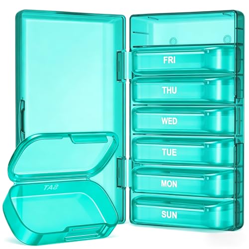 Image of PULIV Weekly Pill Organizer with Large Capacity, Dual Protection Pill Box 7 Day, Arthritis Friendly Pill Case Easy to Open, Medicine Organizer for Vitamins, Medications, Fish Oils, Supplements (Cyan)