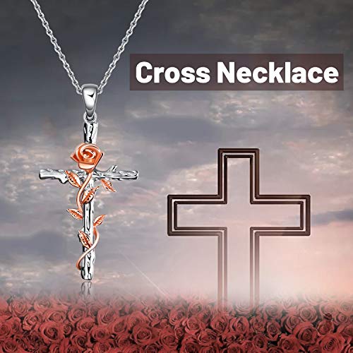 Luhe Cross Necklace Gifts For Women Her Sterling Silver Rose Gold Plated Religious Cross Pendant Necklace With Rose Flower Jewelry Christmas Mothers Day Gifts #TOP5