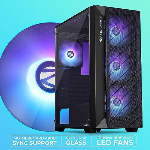 Image of ZEBRONICS Aurora Mid-Tower Premium Gaming Cabinet, ATX, 4 x ARGB Fan, LED Control Switch, Tempered Glass Panel, USB 3.0, 360mm Front or 240mm Top AIO Cooler Support with Top & Bottom Dust Filter