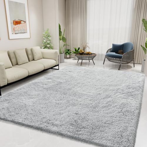 Ultra-soft 5x8 light grey fluffy area rug, non-slip shaggy carpet for bedroom, living room, nursery, and kids' dorm decor.