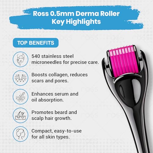 Image of Ross Derma Roller 0.5mm with 540 Stainless Steel Needles - Microneedling Tool for Hair Growth & Thickening, Beard Growth, Skin Repair, Acne Scar Reduction, Fine Line Reduction & Better Skincare Absorption (Black)