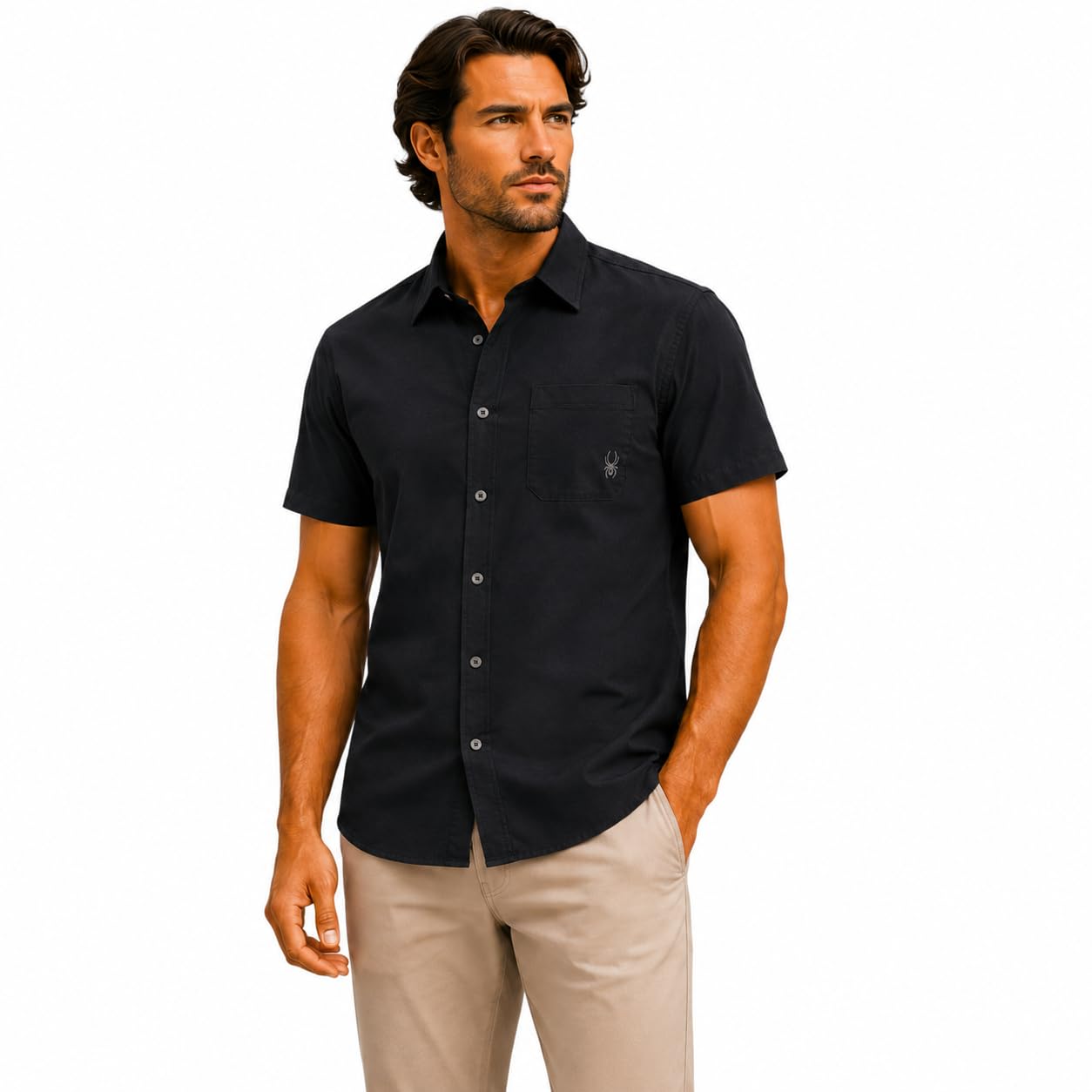 Photo 1 of Spyder Mens Short Sleeve Button Down Shirts - Lightweight Stretch Casual Collared Dress Shirts for Men Travel Office Workwear, Size Medium, Black