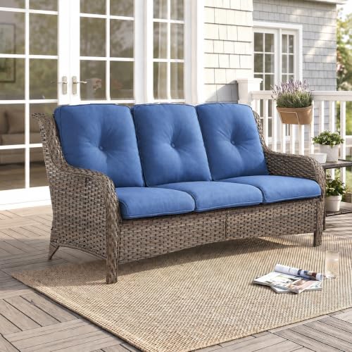 Image of Rilyson 3 Seat Outdoor Wicker Couch, Rattan Patio Sofa, Blue Cushions | High Back and Deep Seating, All Weather, Water-Resistant, Removable Cover, Stain-Resistant, for Garden Backyard Deck