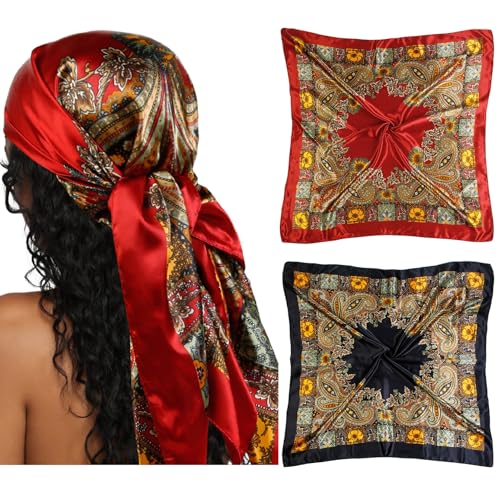 AKTVSHOW Head Scarf for Women Red Silk Bandana Pirate Costume Accessories Pirate Head Scarf for Hair Wrapping and Sleeping 35 Inches