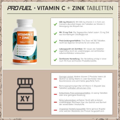 Vitamin C + Zink (365 Tabs) - optimal hochdosiert: 500 mg gepuffertes Vitamin C + 15 mg Zink aus bioverfügbarem Zinkbisglycinat… – Ansicht 3
