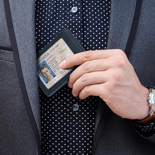 Image of Contacts Genuine Leather Money Clip Wallet Slim Front Pocket RFID Blocking Card Holder Minimalist Mini Bifold for Men's with Smart Pull Strap 8 Card Slots Photo ID (Blue)