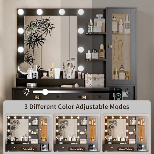 Image of Vanity Desk with Mirror and Lights, Black Makeup Vanity with 5 Drawers Hidden Jewelry Organizer& LED Glass Cabinet,3 Light Mode and Brightness Adjusted,Vanity Mirror with Lights Desk and Chair