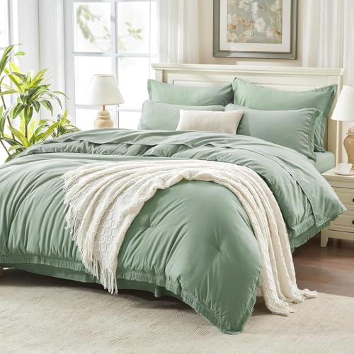 Image of Andency Oversized King Comforter Set Sage Green 120x98-7 Pieces Boho Tassel Bed in a Bag Soft Lightweight Bedding Sets, Fringe All Season Bed Set with Comforter, Sheets, Pillowcases & Shams