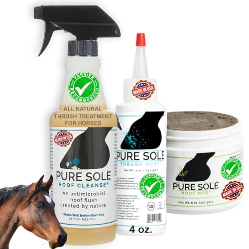 Thrush Treatment for Horses - Pure Sole Hoof Mud Clay 8 oz. + Hoof Cleanse Spray 16 oz + Thrush Dust Powder 4 oz. | All Natural Hoof Care