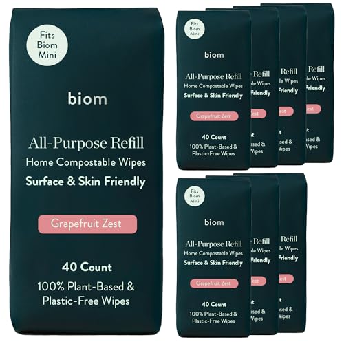 Biom Biodegradable All-Purpose Mini Wipes 8-Pack Refill - Eco-Friendly Cleaning Wipes | Plant-Based Surface Cleaner Home & Travel | Kid & Pet Friendly | All Natural & Non-Toxic | Grapefruit