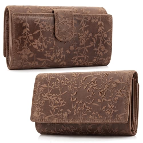 ekavale Damen-Geldbörse groß im Langformat Portemonnaie mit Druckknopf und RFID- Schutz, Geldbörse mit Blüten Muster (Dunkel-Braun)